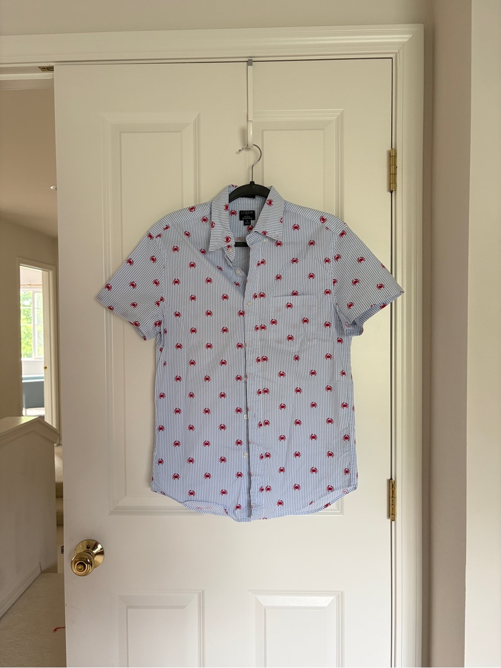 J. Crew Light Blue Striped Short-Sleeve Shirt with Red Crab Motif